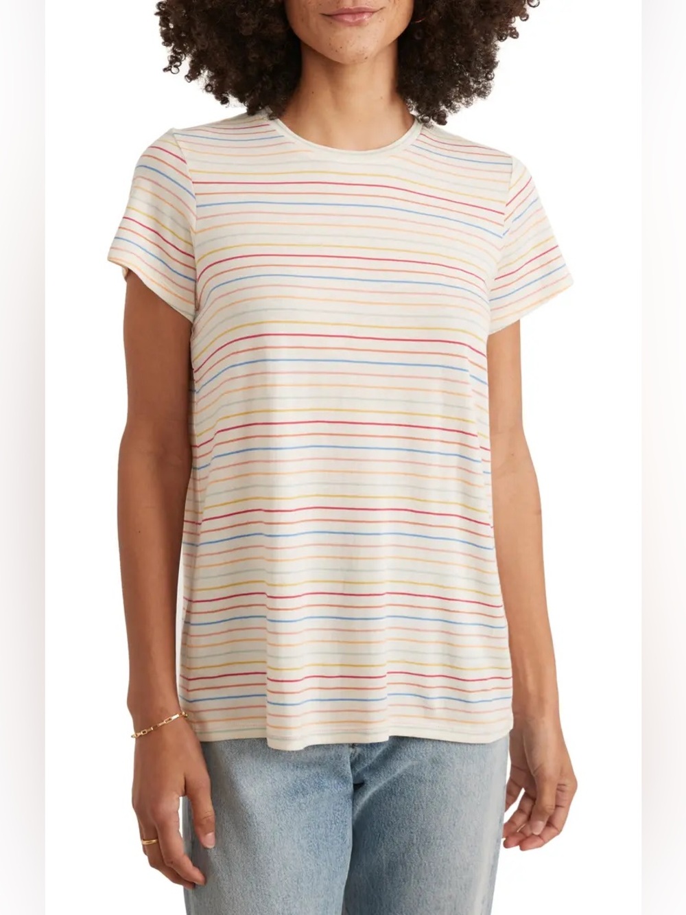 Marine Layer Rainbow Striped Swing Crew Tee White Soft Modal Blend Short Sleeve